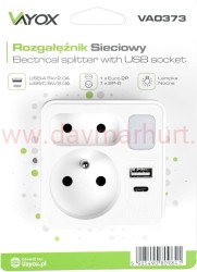 Rozgałęźnik 2gn usb usb-c lampka nocna VA0373